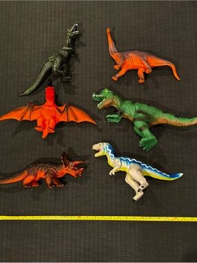 6 Assorted Colorful Dinosaur Toys -T-Rex, Triceratops, Pterodactyl, Brontosaurus